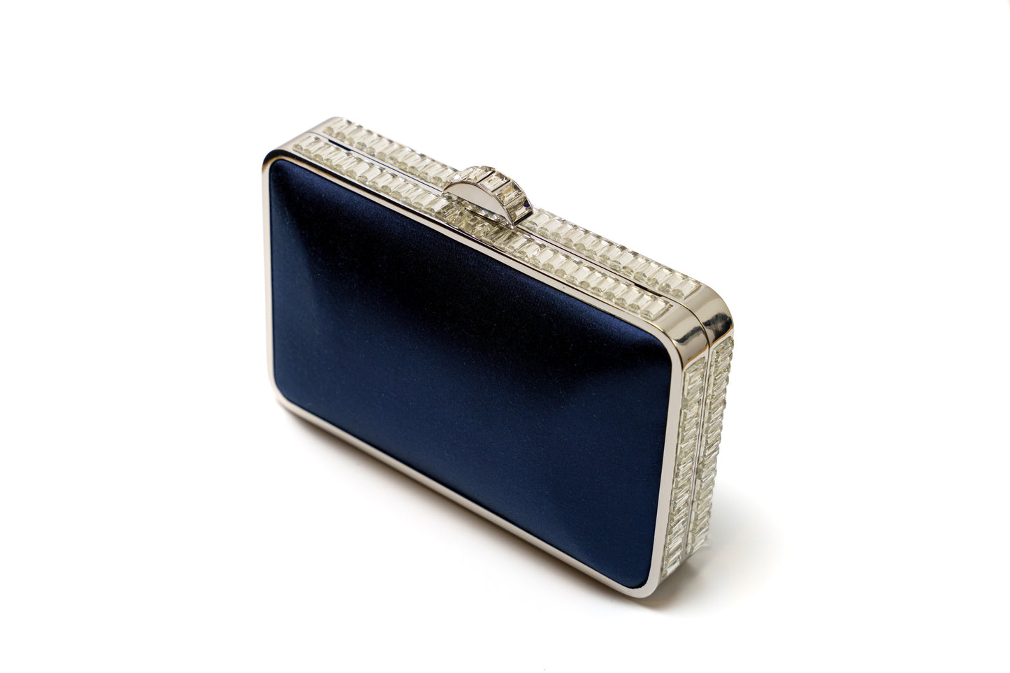 Navy Blue Satin Clutch with Jewelled Detail