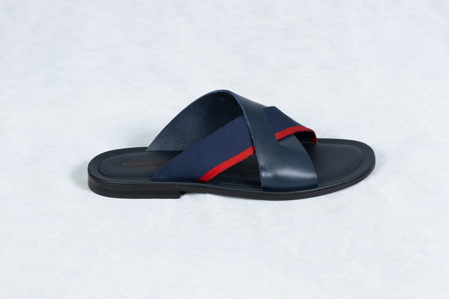 Navy Blue Leather Sandals with Red Strip