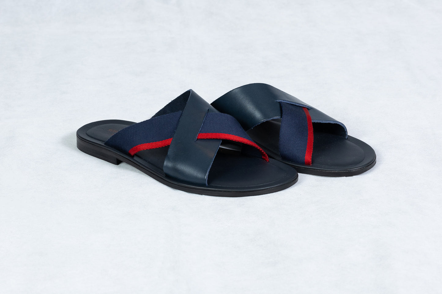 Navy Blue Leather Sandals with Red Strip